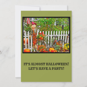 SCARECROW AT WHITE PICKET FENCE AND PUMPKINS INVITATION
