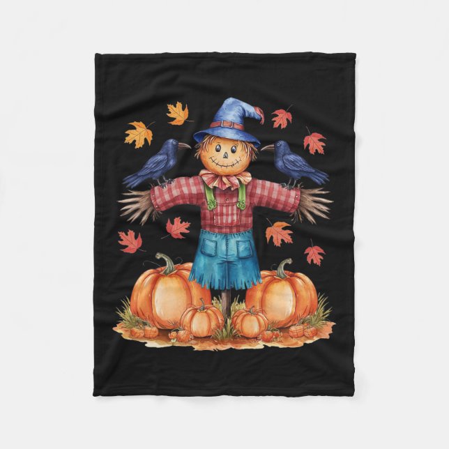 Scarecrow Autumn Hello Fall Pumpkin Thanksgiving H Fleece Blanket (Front)