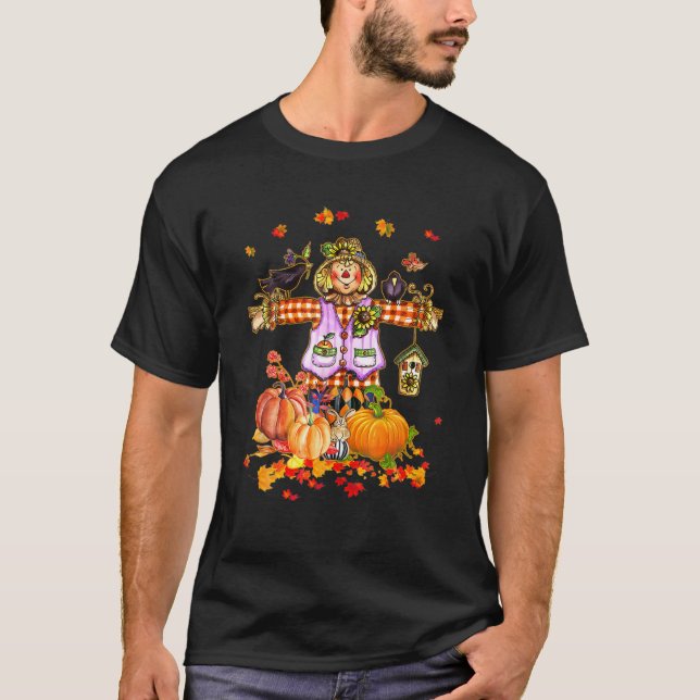 Scarecrow Autumn Hello Fall Pumpkin Thanksgiving H T-Shirt (Front)