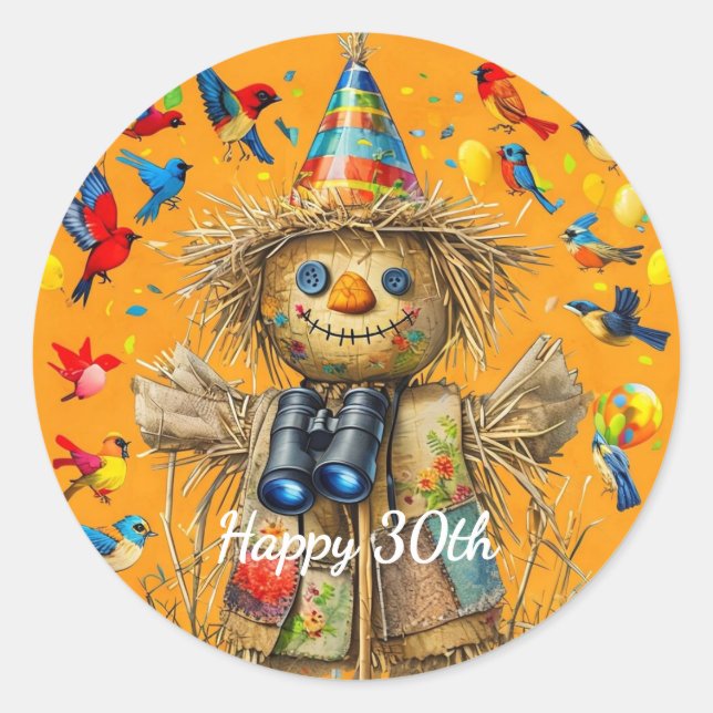 Scarecrow Birdwatcher Birthday Custom Design Classic Round Sticker (Front)