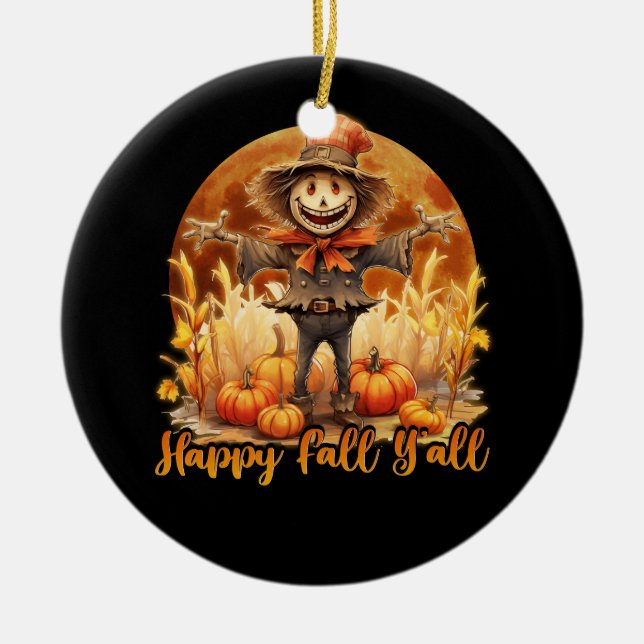 Scarecrow Happy Fall Y'all Pumpkin Thanksgiving Ha Ceramic Tree Decoration (Front)