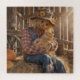 Scarecrow Holding a Ginger Cat in a Barn Jigsaw Puzzle