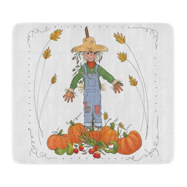 Scarecrow in Pumpkin Patch Cute Watercolor Cutting Board (Front)