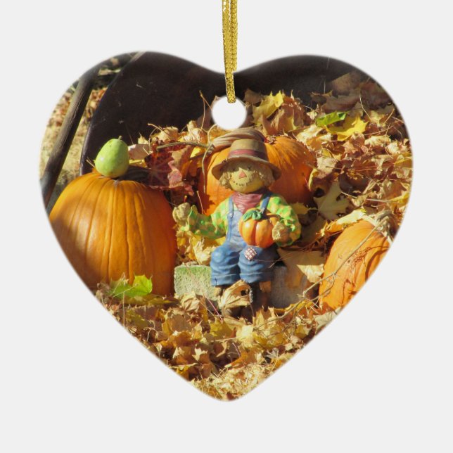 Scarecrow King on His Pumpkin Throne Ceramic Tree Decoration (Front)