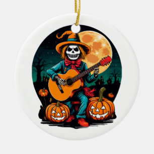 scarecrow plays guitar and celebrates halloween ceramic tree decoration