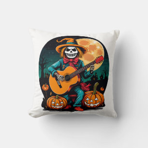 scarecrow plays guitar and celebrates halloween cushion