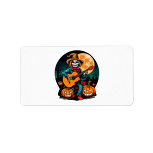 scarecrow plays guitar and celebrates halloween label