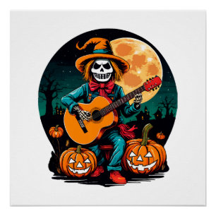 scarecrow plays guitar and celebrates halloween poster