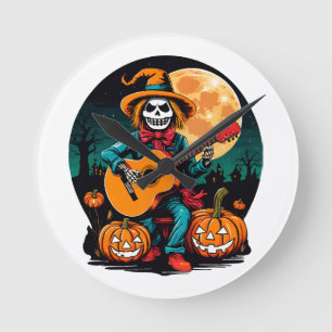 scarecrow plays guitar and celebrates halloween round clock