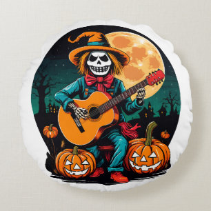 scarecrow plays guitar and celebrates halloween round cushion