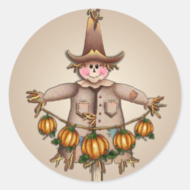 SCARECROW & PUMPKIN GARLAND by SHARON SHARPE Classic Round Sticker (Front)