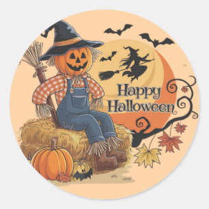 Scarecrow Pumpkin Halloween Rustic Vibes Art Classic Round Sticker