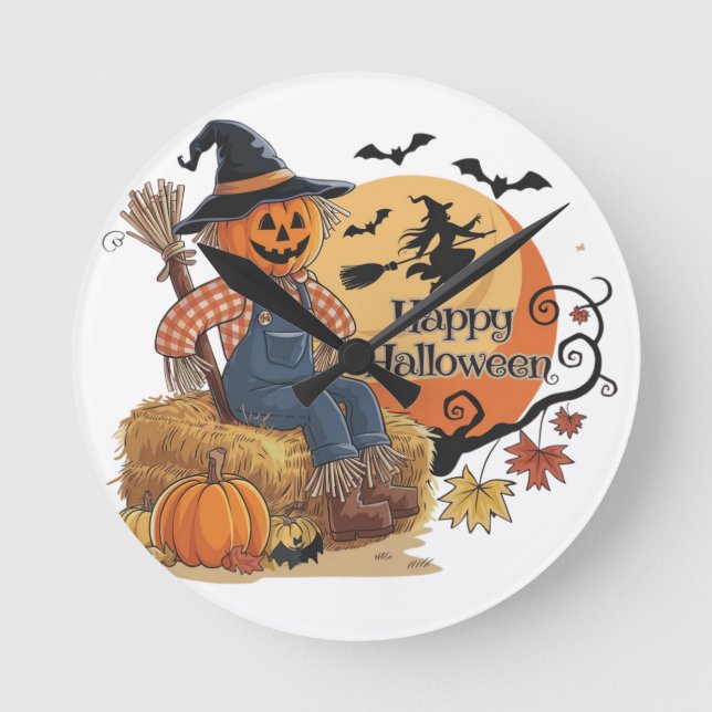Scarecrow Pumpkin Halloween Rustic Vibes Art Round Clock (Front)