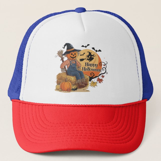 Scarecrow Pumpkin Halloween Rustic Vibes Art Trucker Hat (Front)