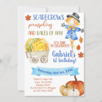 Scarecrow pumpkins bales of hay birthday invite.