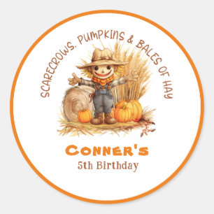 SCARECROW PUMPKINS & BALES OF HAY MODERN BIRTHDAY  CLASSIC ROUND STICKER