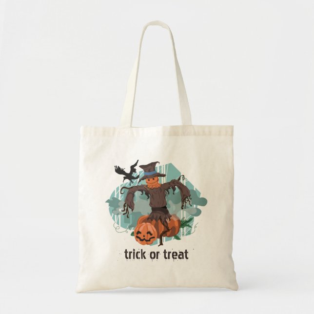 Scarecrow & Pumpkins Halloween Trick or Treat Tote Bag (Front)