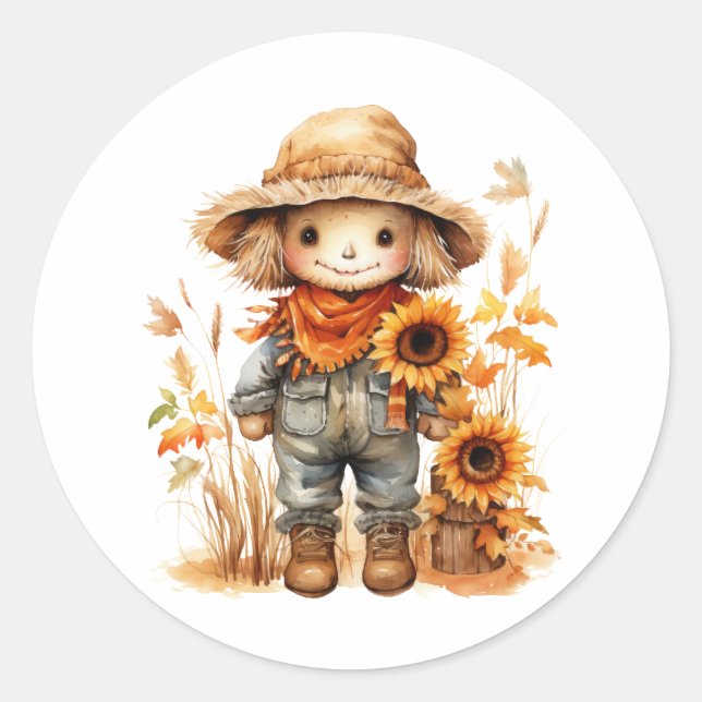 Scarecrow Sunflower  Classic Round Sticker (Front)