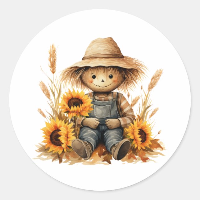 Scarecrow Sunflower  Classic Round Sticker (Front)
