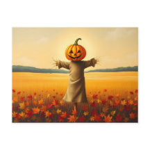 Scarecrow with Pumpkin Head in Autumn Leaves