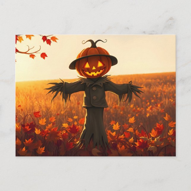 Scarecrow with Pumpkin Head in Autumn Postcard (Front)