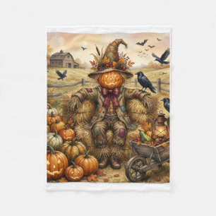 Scarecrow With Pumpkins And Crows Autumn Farm Flee Fleece Blanket