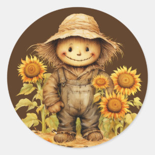 Scarecrow with Sunflower Classic Round Sticker