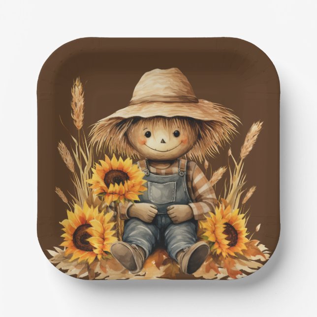 Scarecrow with Sunflower  Paper Plate (Front)