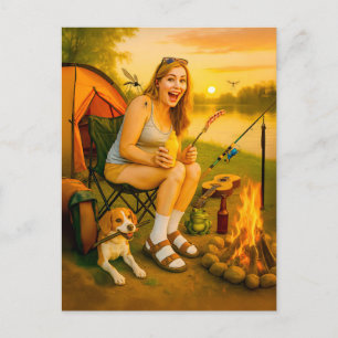 Scared Camper Woman with Dog and Tent Holiday Postcard