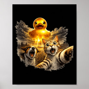 Scared cat and dog giant rubber duck ufo design poster