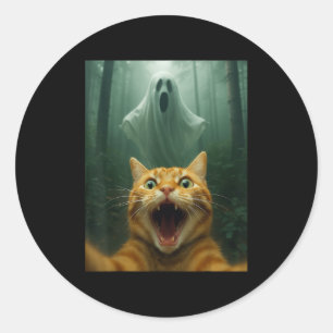 Scared Cat Selfie With Ghost _ Funny Halloween Cos Classic Round Sticker