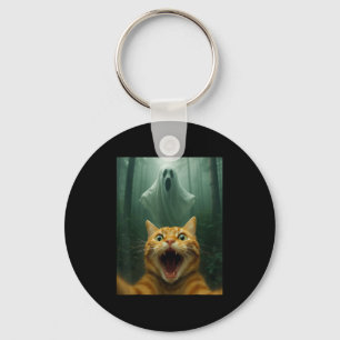 Scared Cat Selfie With Ghost _ Funny Halloween Cos Key Ring