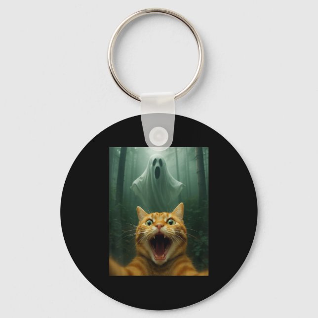 Scared Cat Selfie With Ghost _ Funny Halloween Cos Key Ring (Front)