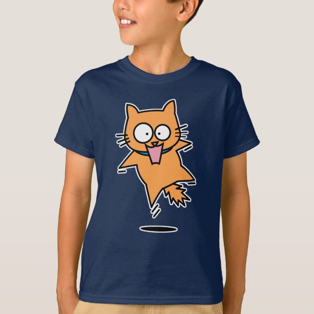 Scared cat tabby orange jump surprised nervous fun T-Shirt (Front)