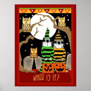 Scared Halloween Cats Trick or Treating with Owls Poster