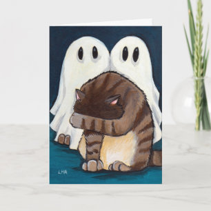 Scared Tabby Cat & Spooky Ghosts   Halloween Card