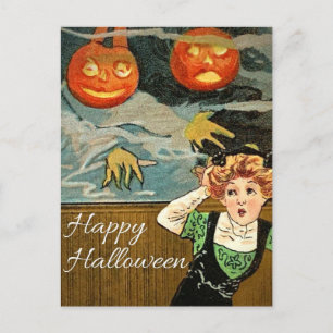 Scared Woman & Pumpkins Vintage Halloween Postcard