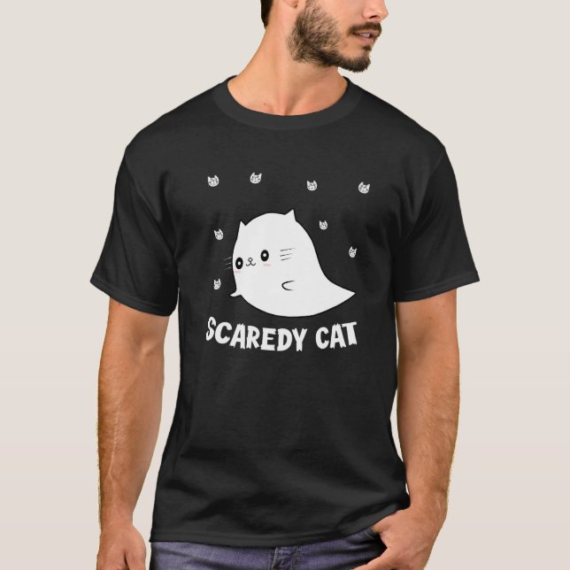 Scaredy Cat Spooky Ghost Kitten Kitty Cat Hallowee T-Shirt (Front)