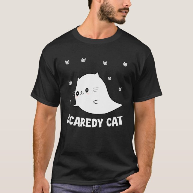 Scaredy Cat Spooky Ghost Kitten Kitty Cat Hallowee T-Shirt (Front)