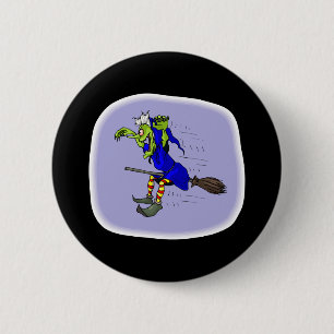 scarey witch on broom 6 cm round badge