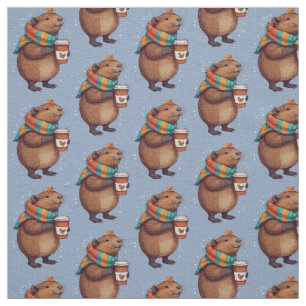 Scarf-Wearing Capybara Sipping Coffee Tee Fabric