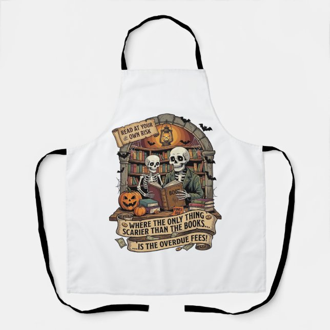Scarier Than Books Overdue Fees Skeletons Pumpkins Apron (Front)