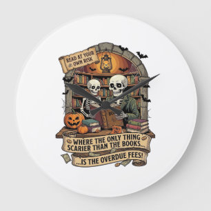Scarier Than Books Overdue Fees Skeletons Pumpkins Large Clock