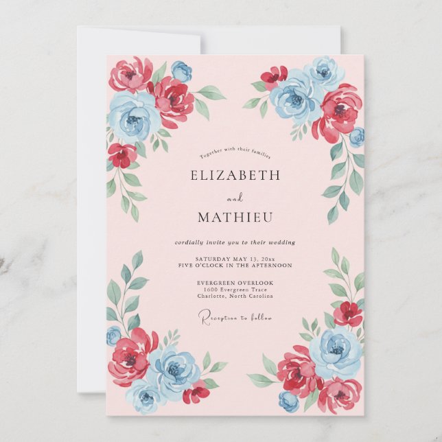 Scarlet Azure Ranunculus Muted Eucalyptus Wedding Invitation (Front)