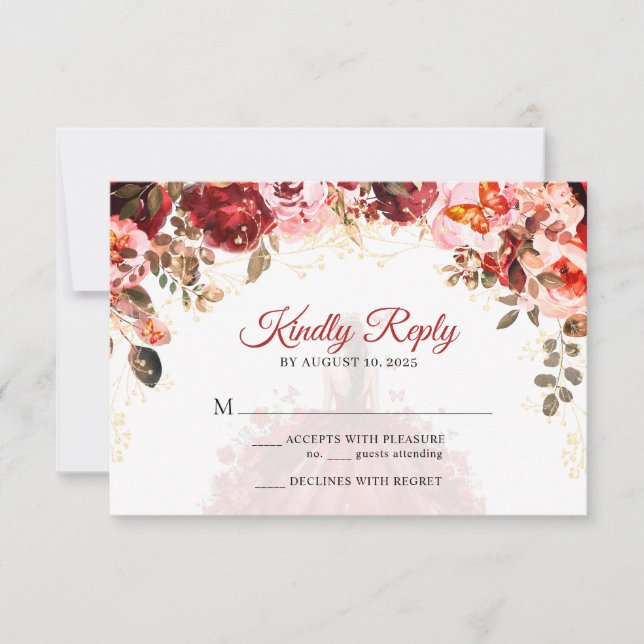 Scarlet Elegance Floral Princess Quinceañera RSVP Card (Front)
