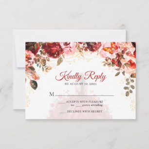 Scarlet Elegance Floral Princess Quinceañera RSVP Card