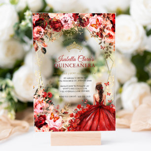 Scarlet Elegance Gold Enchanted Floral Quinceanera Acrylic Invitations
