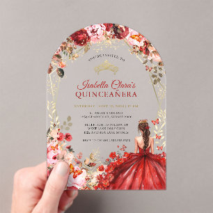 Scarlet Elegance Gold Enchanted Floral Quinceanera Acrylic Invitations