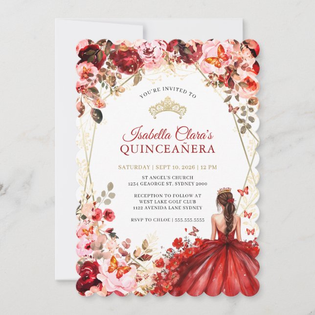 Scarlet Elegance Gold Enchanted Floral Quinceanera Invitation (Front)