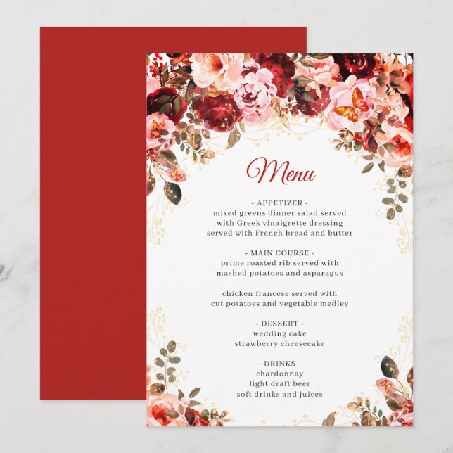 Scarlet Elegance Gold Floral Quinceañera Birthday Menu (Front/Back)